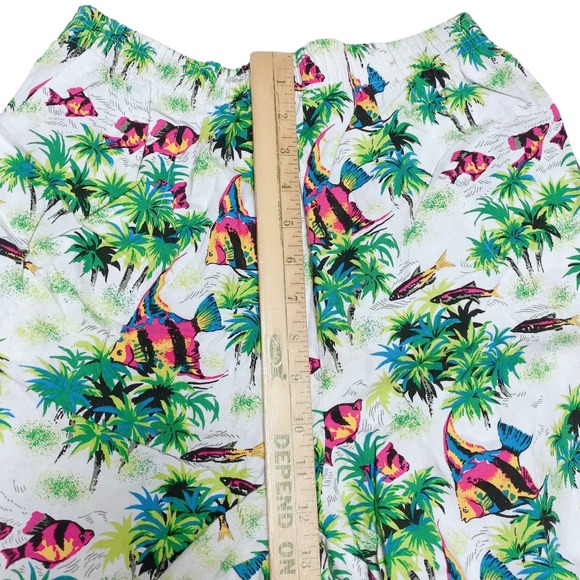 Large Vintage South Breeze 80s Tropical Cotton Shorts Palm Tree Fish Print Beach - Picture 4 of 8